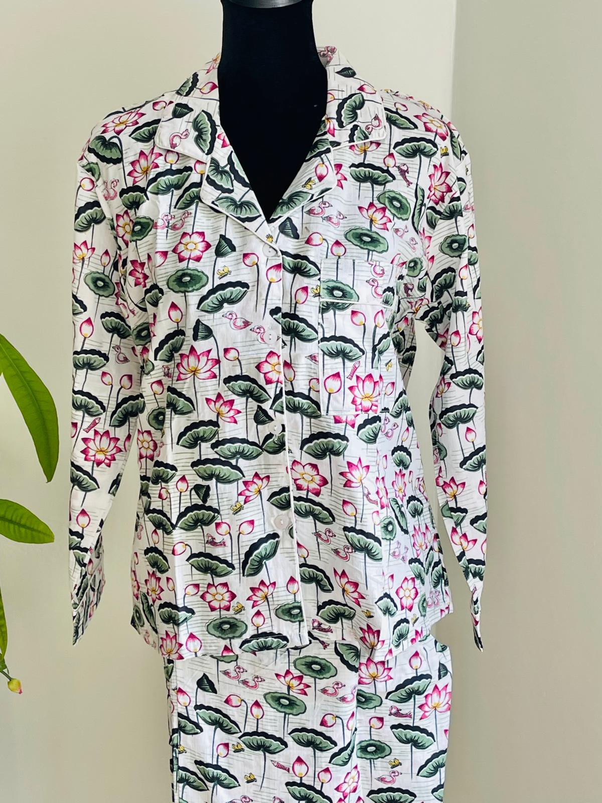 Handblock Print 100% Cotton Pajama Set for Women, Pink Lotus Botanical Sleepwear & Loungewear