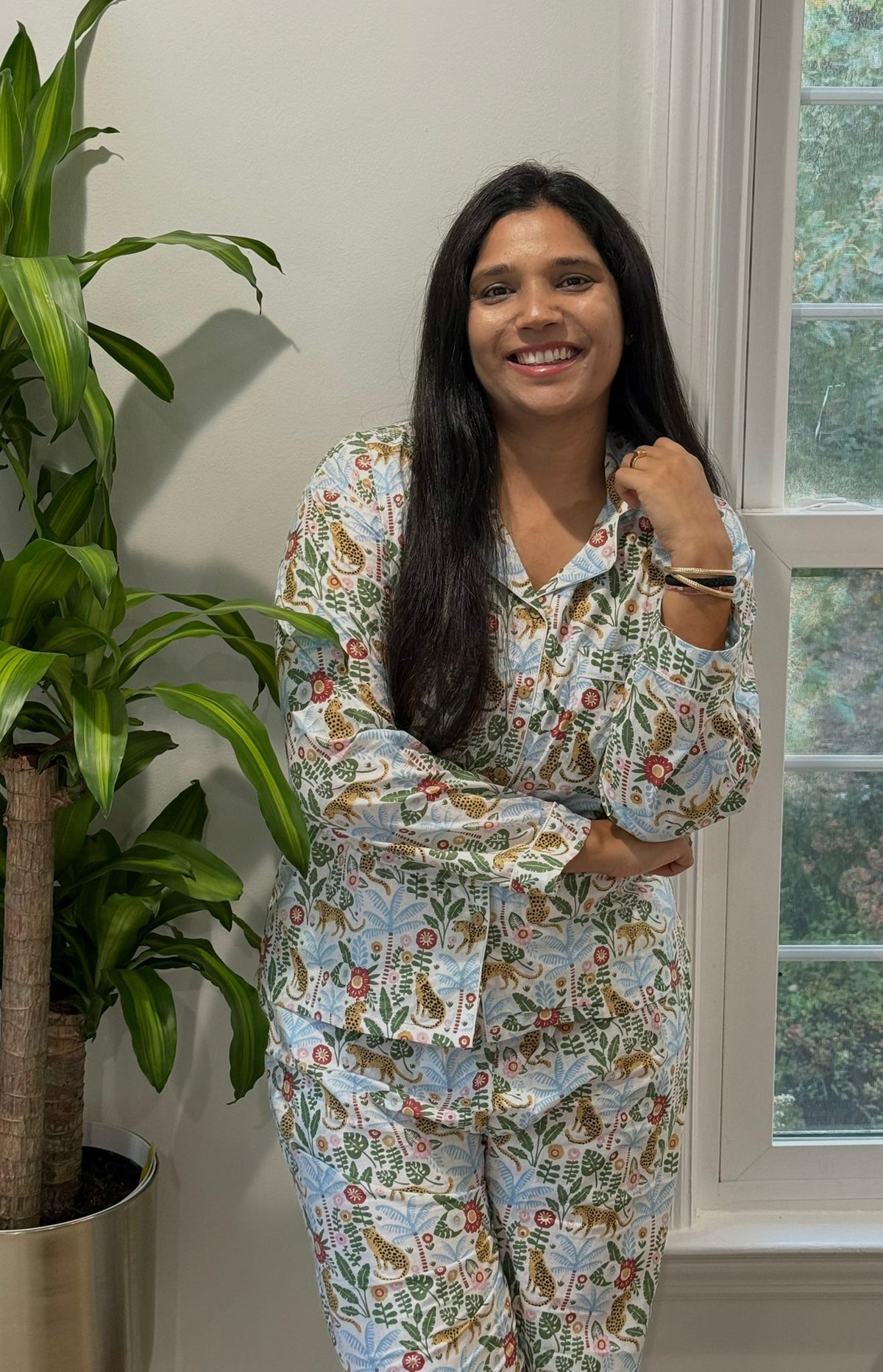 Multi-Color Leopard & Jungle Floral Print Cotton Pajama Set, Wild Safari Sleepwear & Lounge Apparel
