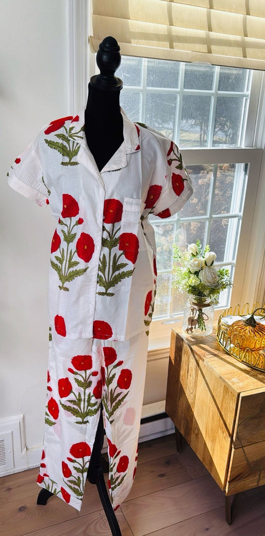 Short Sleeved Long PJ Set in Red Florals