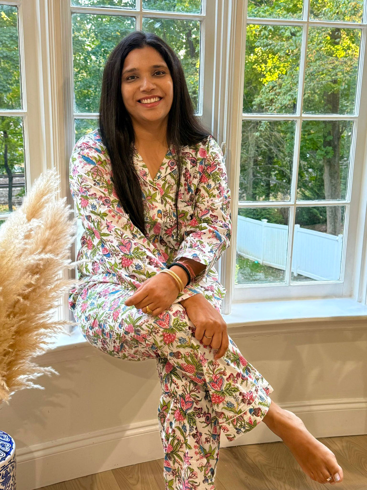 Floral Block Print Cotton Pajama Set, Last Minute Christmas Gift For Her, Hand Block Print Long Pajamas
