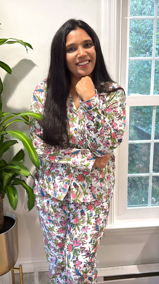 Floral Block Print Cotton Pajama Set, Last Minute Christmas Gift For Her, Hand Block Print Long Pajamas