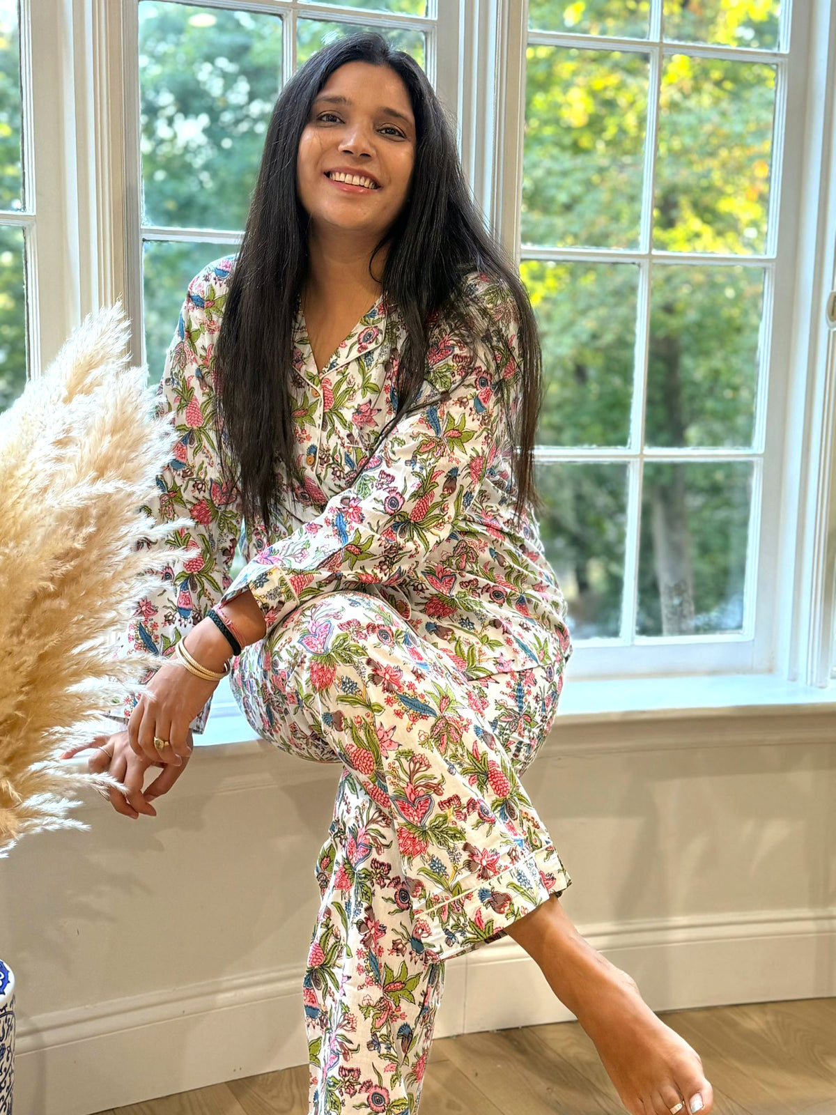 Floral Block Print Cotton Pajama Set, Last Minute Christmas Gift For Her, Hand Block Print Long Pajamas
