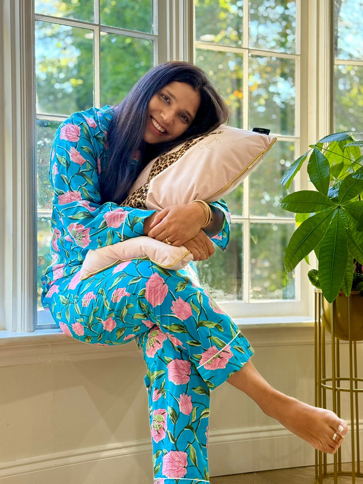 Turquoise & Pink Floral Blossom Block Print Cotton Pajama Set, Vibrant Tropical Sleepwear & Loungewear, Cotton PJ's