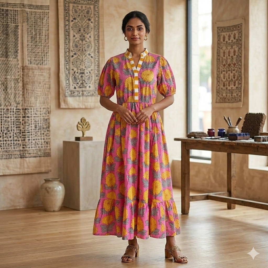 100% Cotton Dress in Floral Pink