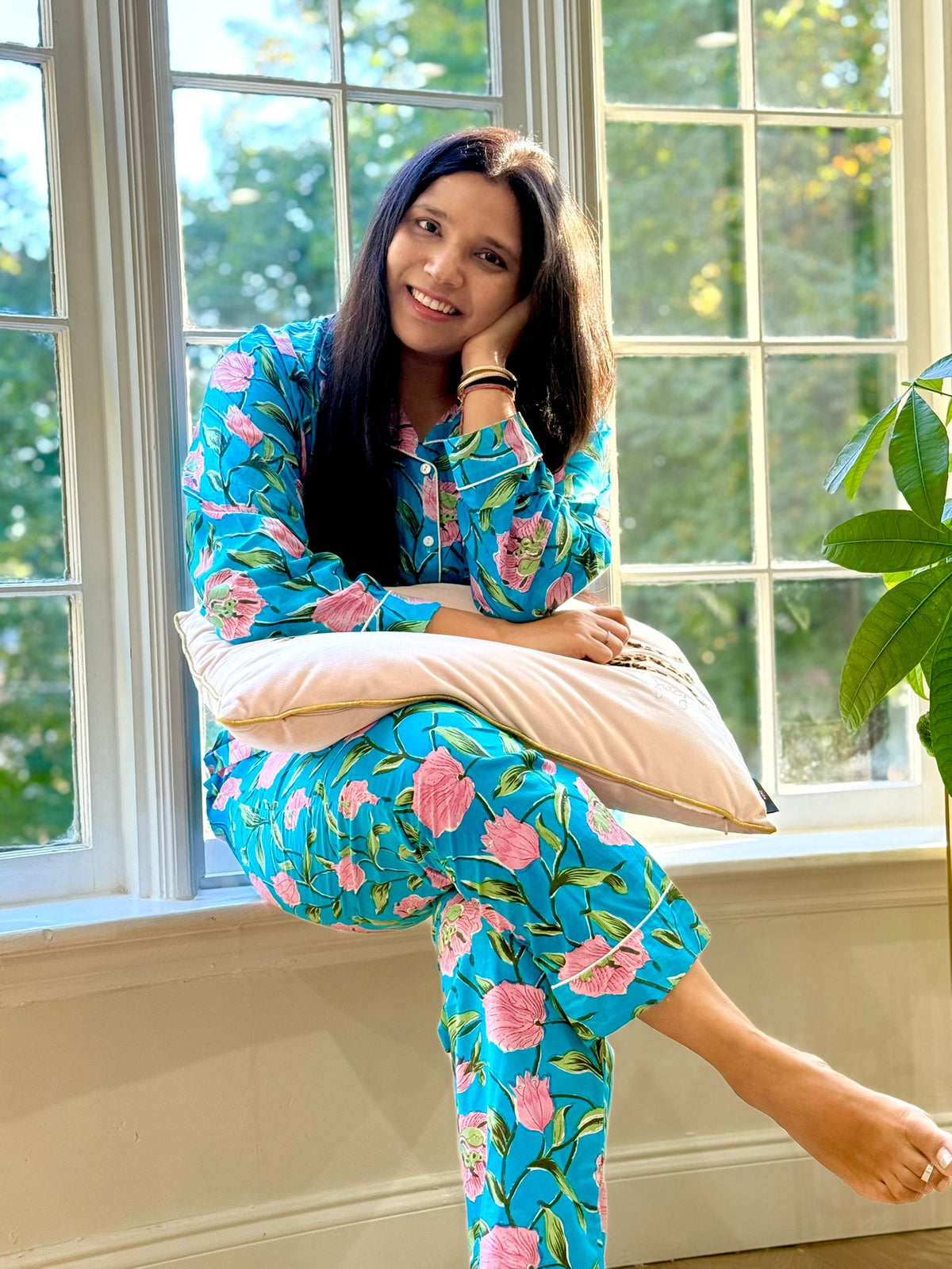 Turquoise & Pink Floral Blossom Block Print Cotton Pajama Set, Vibrant Tropical Sleepwear & Loungewear, Cotton PJ's