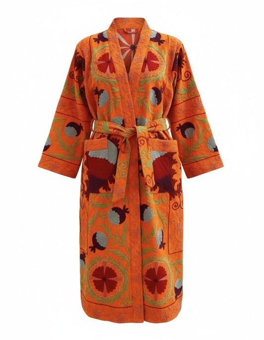Suzani Embroidery Bath Robe in Orange