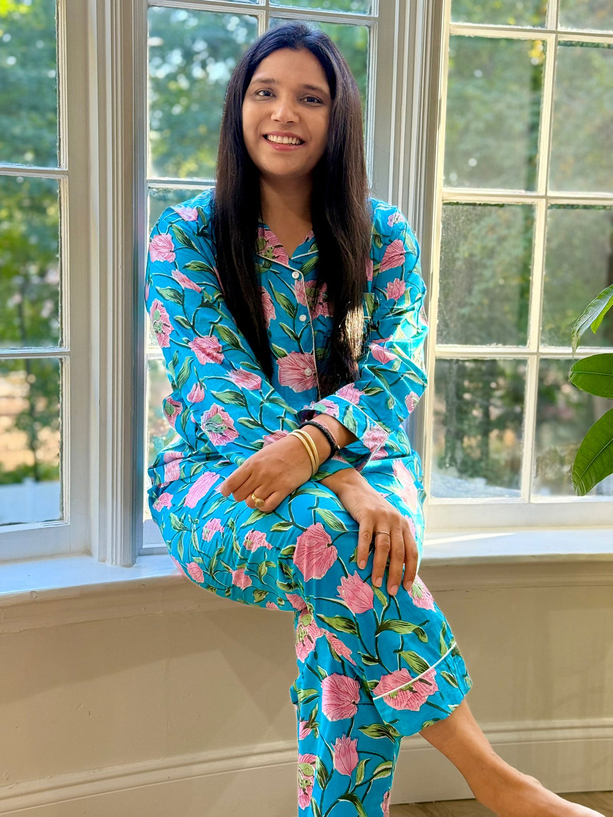 Turquoise & Pink Floral Blossom Block Print Cotton Pajama Set, Vibrant Tropical Sleepwear & Loungewear, Cotton PJ's