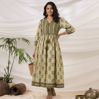 Floral Hand block print Midi Dress