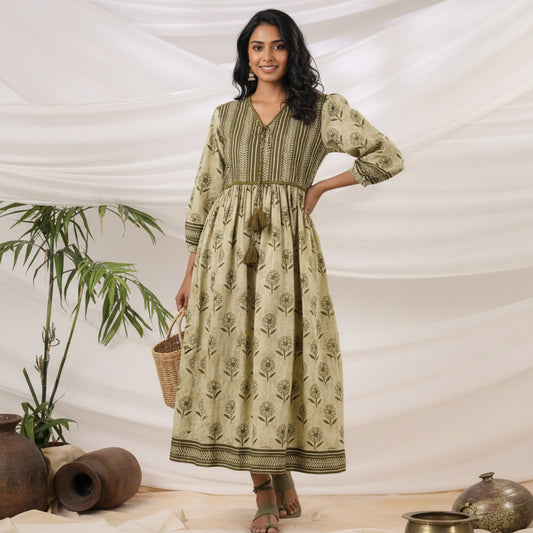 Floral Hand block print Midi Dress