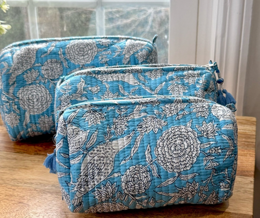 Block Printed Toiletry Bag in Baby Blue - Set of 3