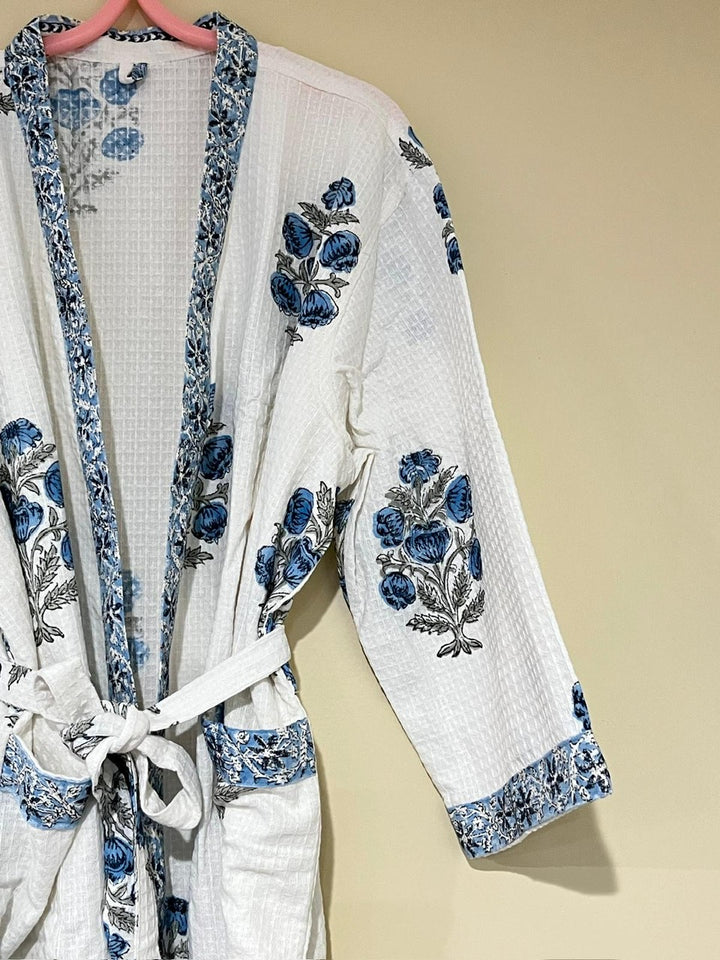 White & Blue Block Printed Quilted Kimono Robe