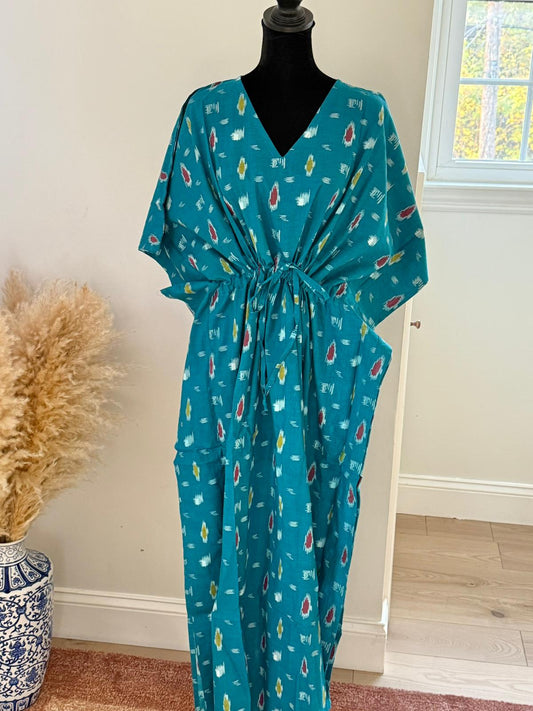 Hand Block Print Cotton Kaftan - Teal Blue Ikat Long Maxi Dress, Soft Loungewear
