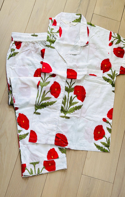 Short Sleeved Long PJ Set in Red Florals