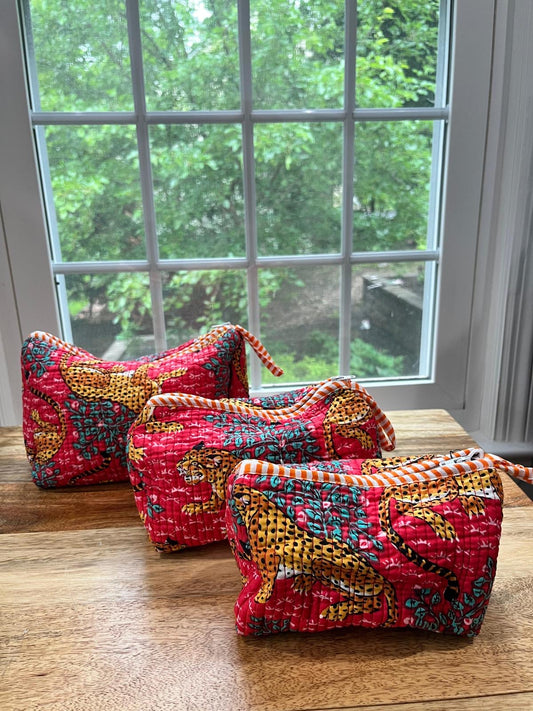 Red Jungle Block Printed Toiletry Bag - Set of 3