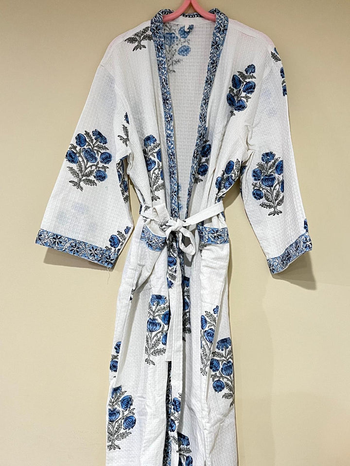White & Blue Block Printed Quilted Kimono Robe