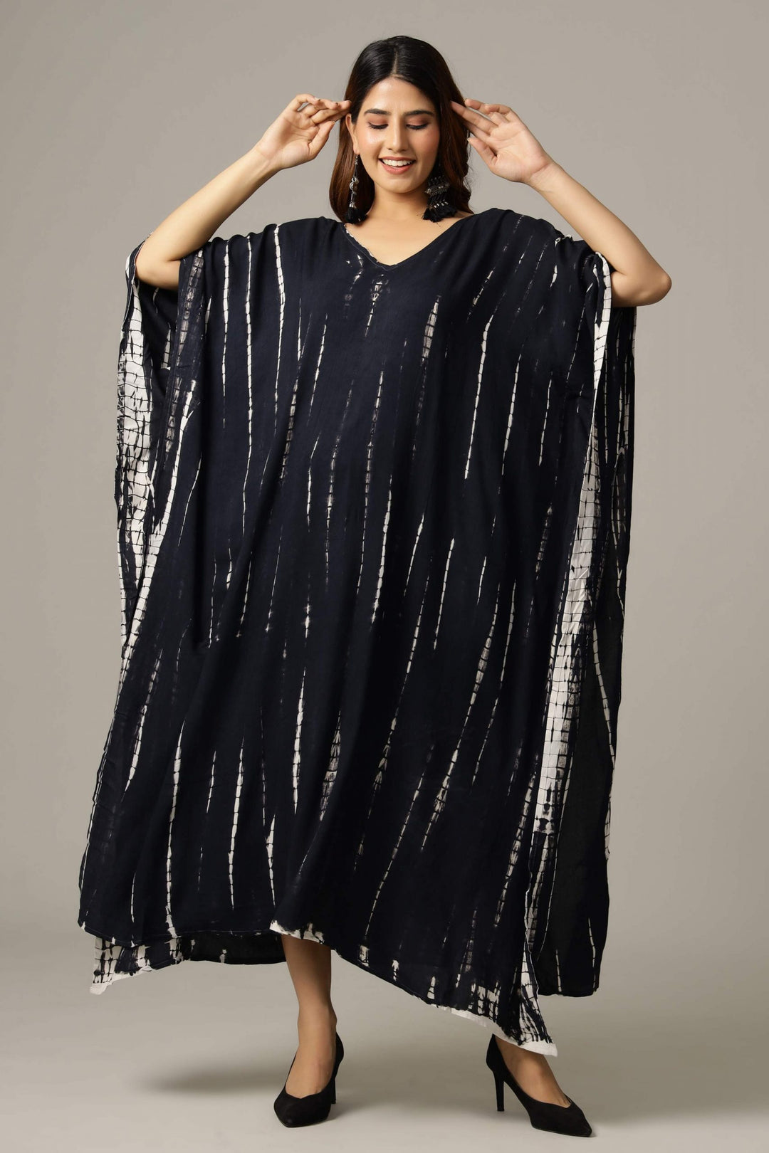 Hand Block-Print Tie Dye Rayon Kaftan