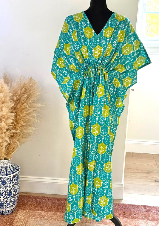 Hand Block Print Cotton Kaftan - Turquoise Geometric Long Maxi Dress, Soft Loungewear