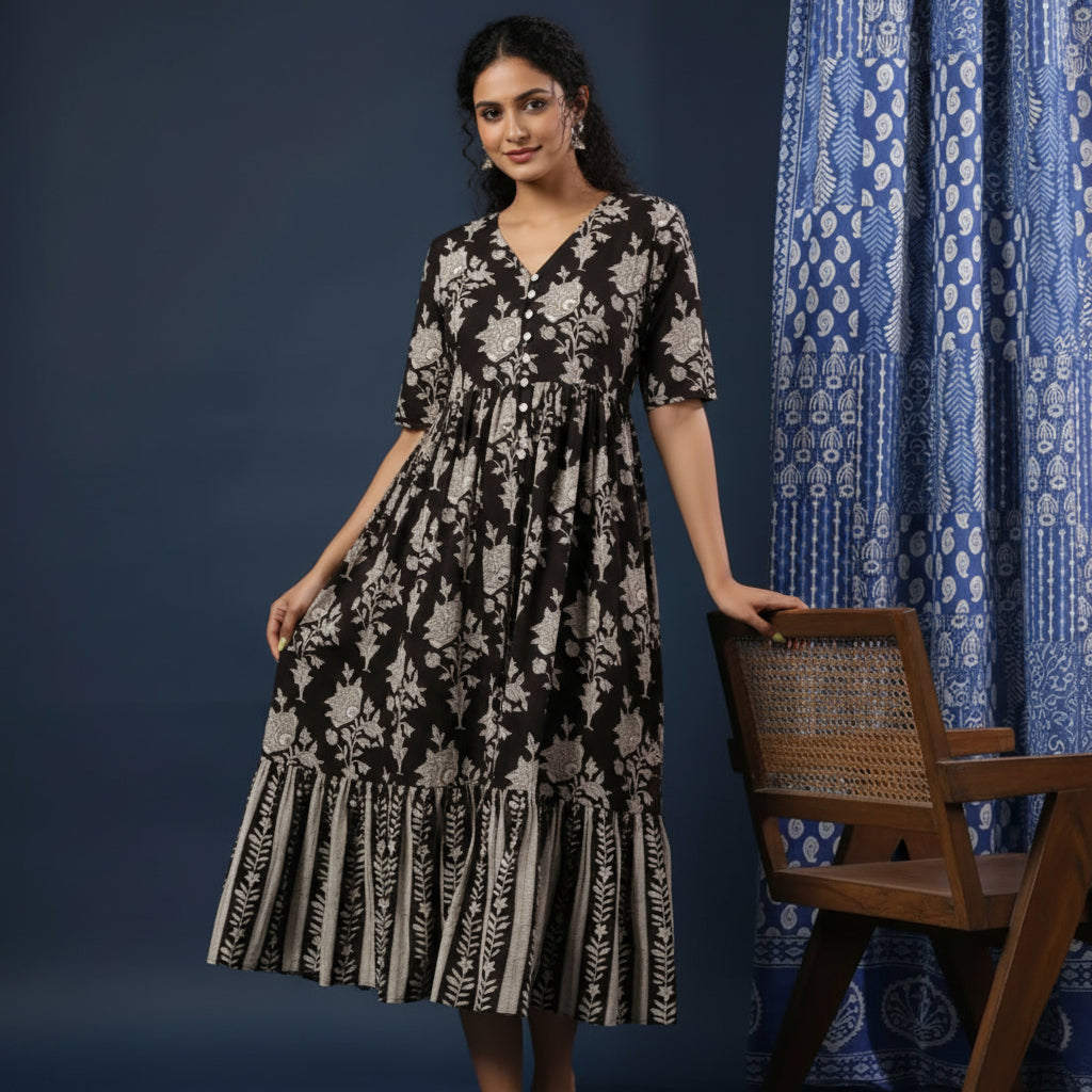 Black Floral Hand block print Midi Dress