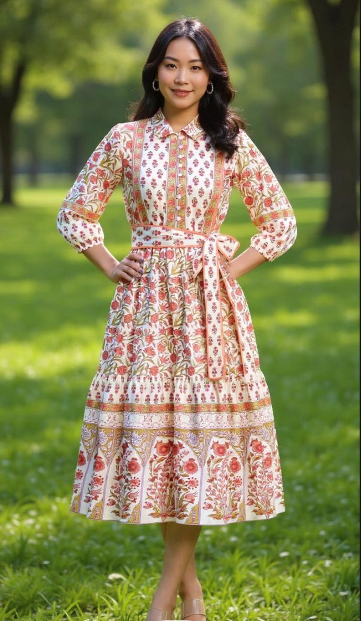 Block Printed Midi Dress with Belt