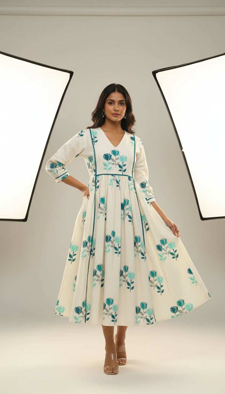 Block Printed Midi Dress with Belt