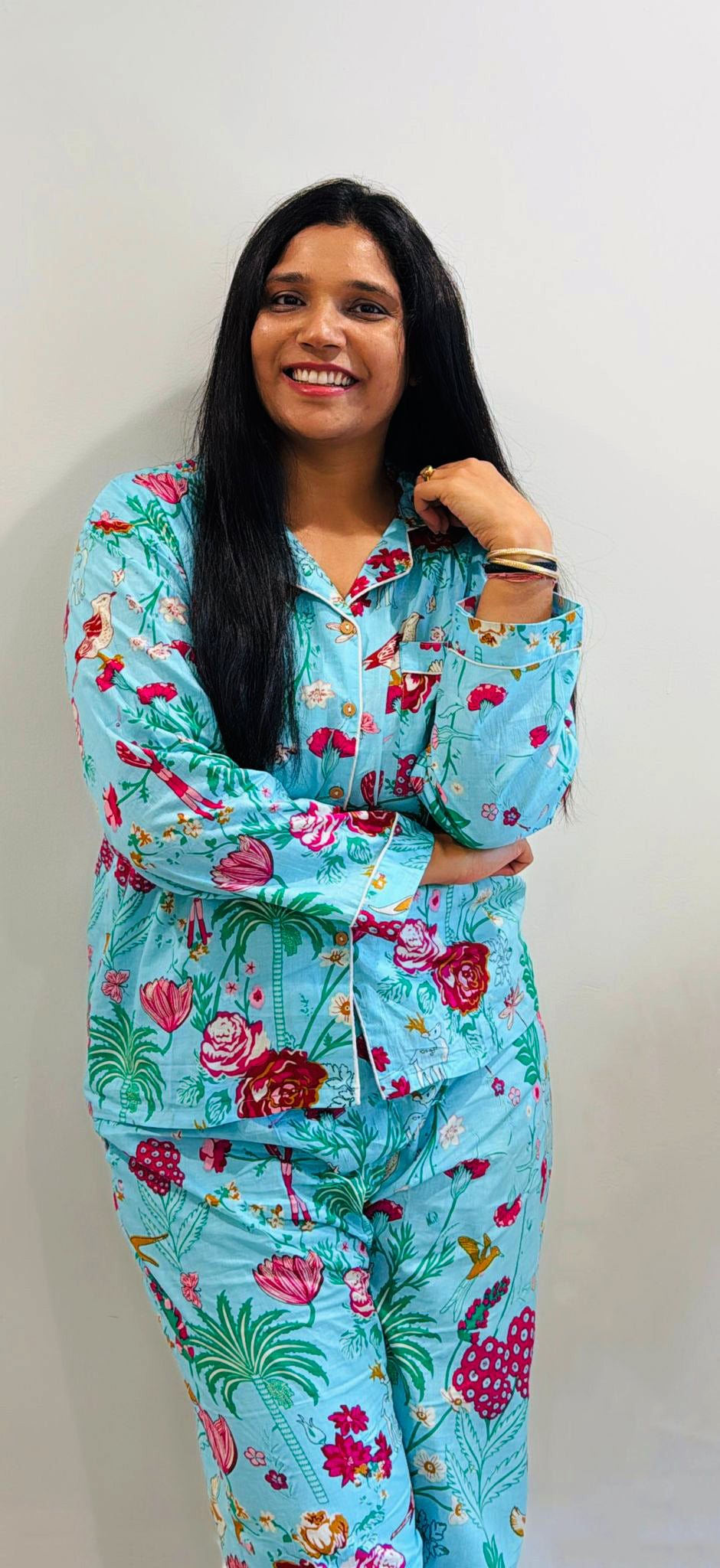 Turquoise & Magenta Floral Botanical Print Cotton Pajama Set, Vibrant Tropical Sleepwear & Lounge Apparel