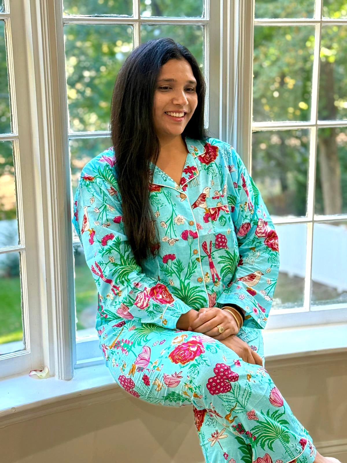 Turquoise & Magenta Floral Botanical Print Cotton Pajama Set, Vibrant Tropical Sleepwear & Lounge Apparel