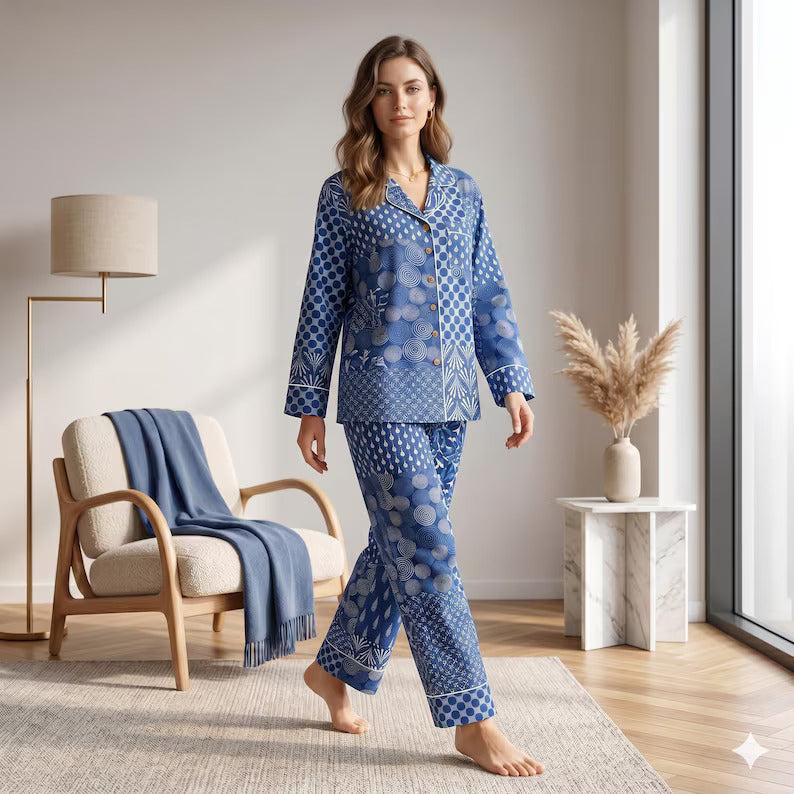 Blue Block Print Cotton PJ set