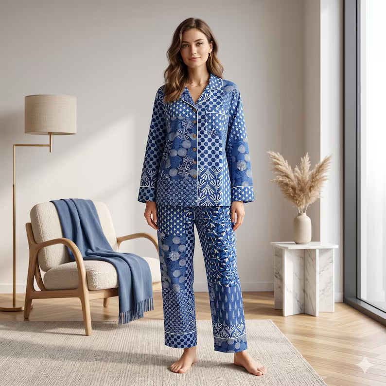 Blue Block Print Cotton PJ set