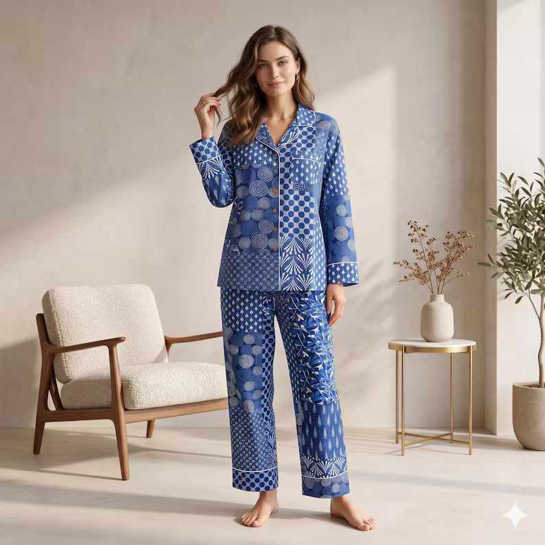 Blue Block Print Cotton PJ set