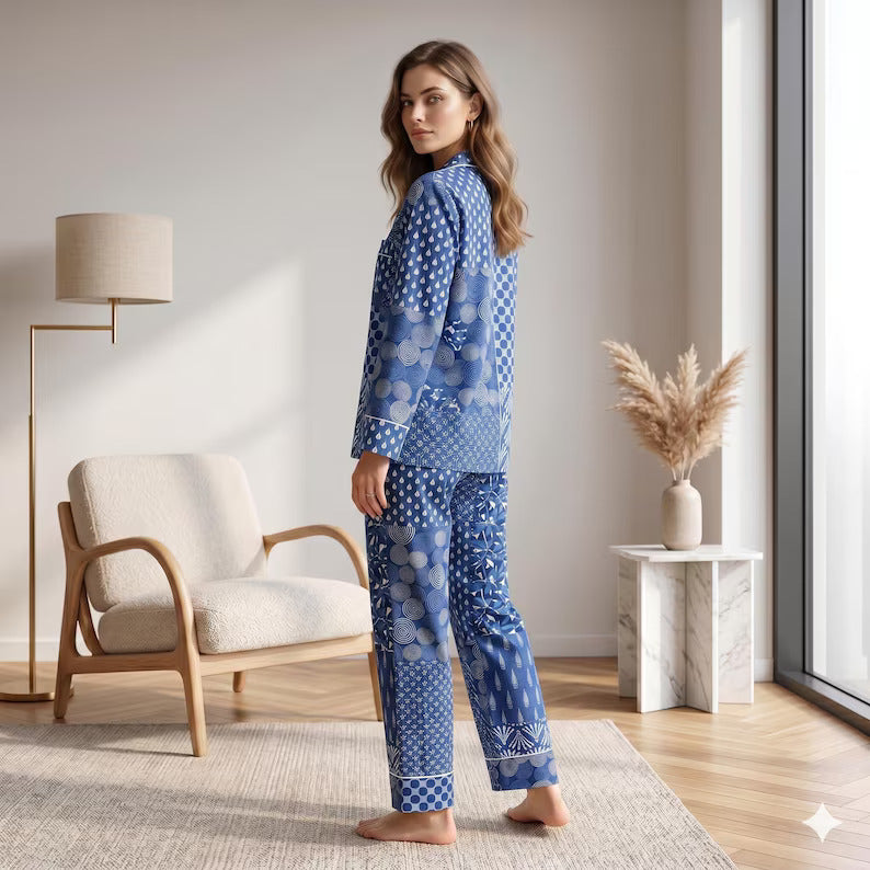 Blue Block Print Cotton PJ set