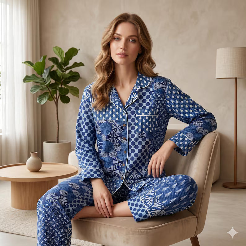 Blue Block Print Cotton PJ set