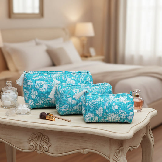 Blue Floral Cosmetic Bag Set of 3