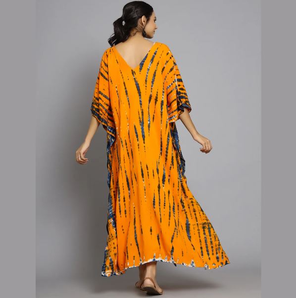 Hand Block-Print Tie Dye Rayon Kaftan