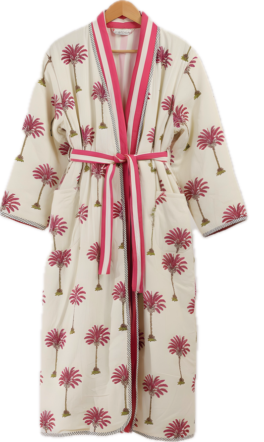 PINK PALM TREE QUILTED HANDMADE ROBE