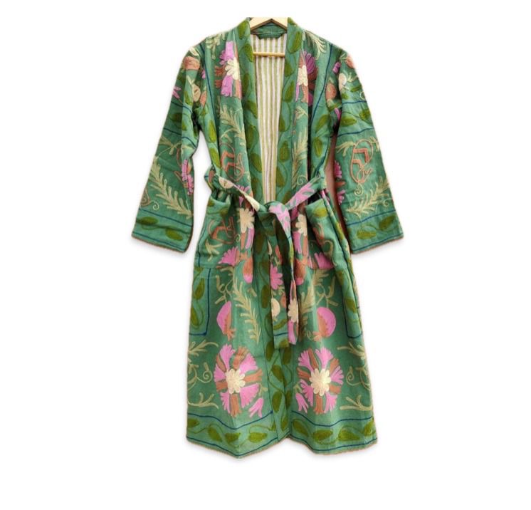 Suzani Embroidery Bath Robe in Green