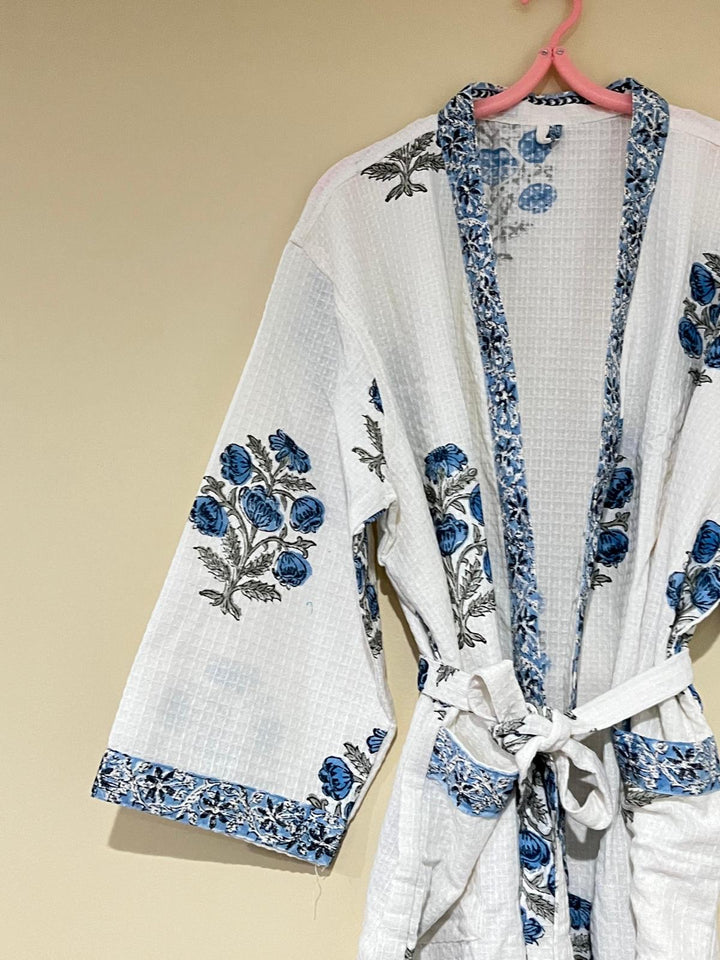 White & Blue Block Printed Quilted Kimono Robe