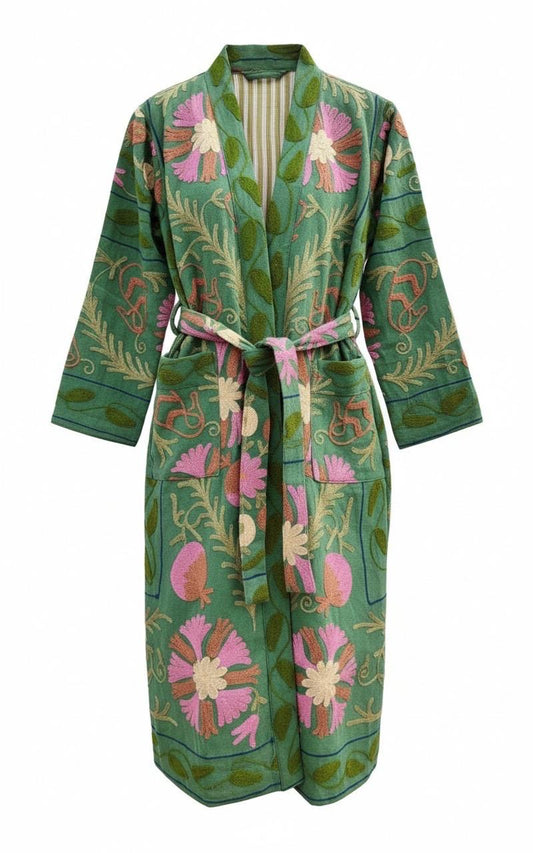 Suzani Embroidery Bath Robe in Green