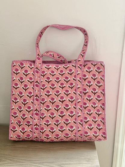 Block Printed Tote Bag in Pink