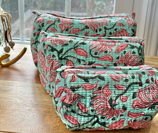 Block Printed Toiletry Bag in Pista Green - Set of 3