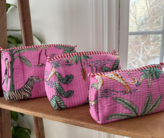 Jungle Block Printed Toiletry Bag in Baby Pink - Set of 3