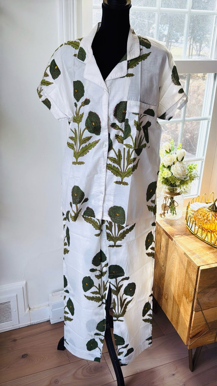 Short Sleeved Long PJ Set in Green Florals
