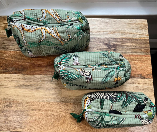 Green Jungle Block Printed Toiletry Bag - Set of 3