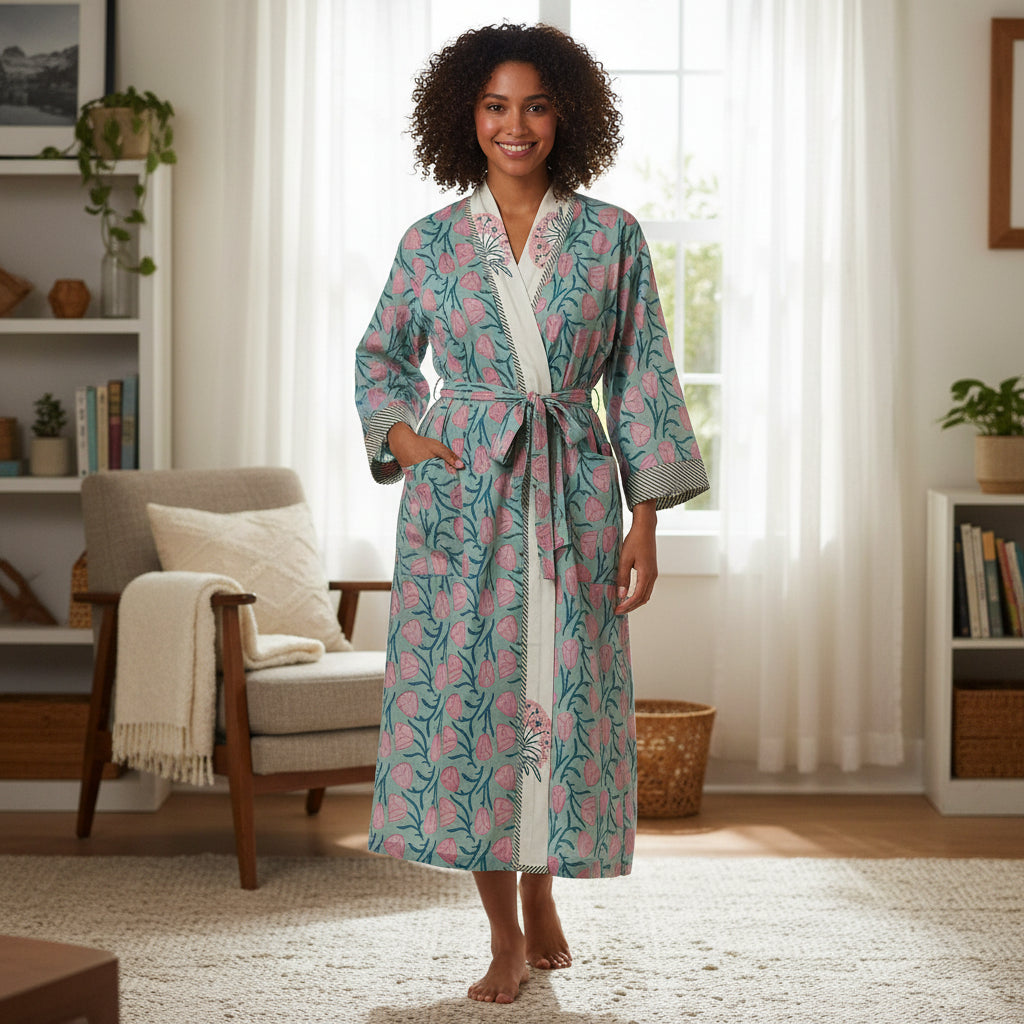 Green Vintage Block Print Robe