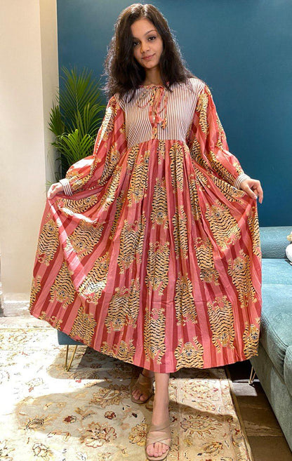 Tiger Block Printed Midi Dress - Red