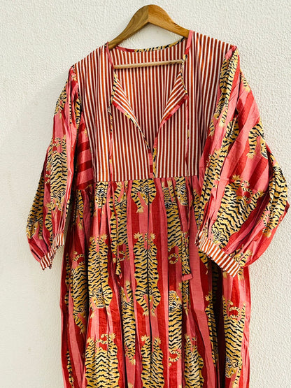 Tiger Block Printed Midi Dress - Red