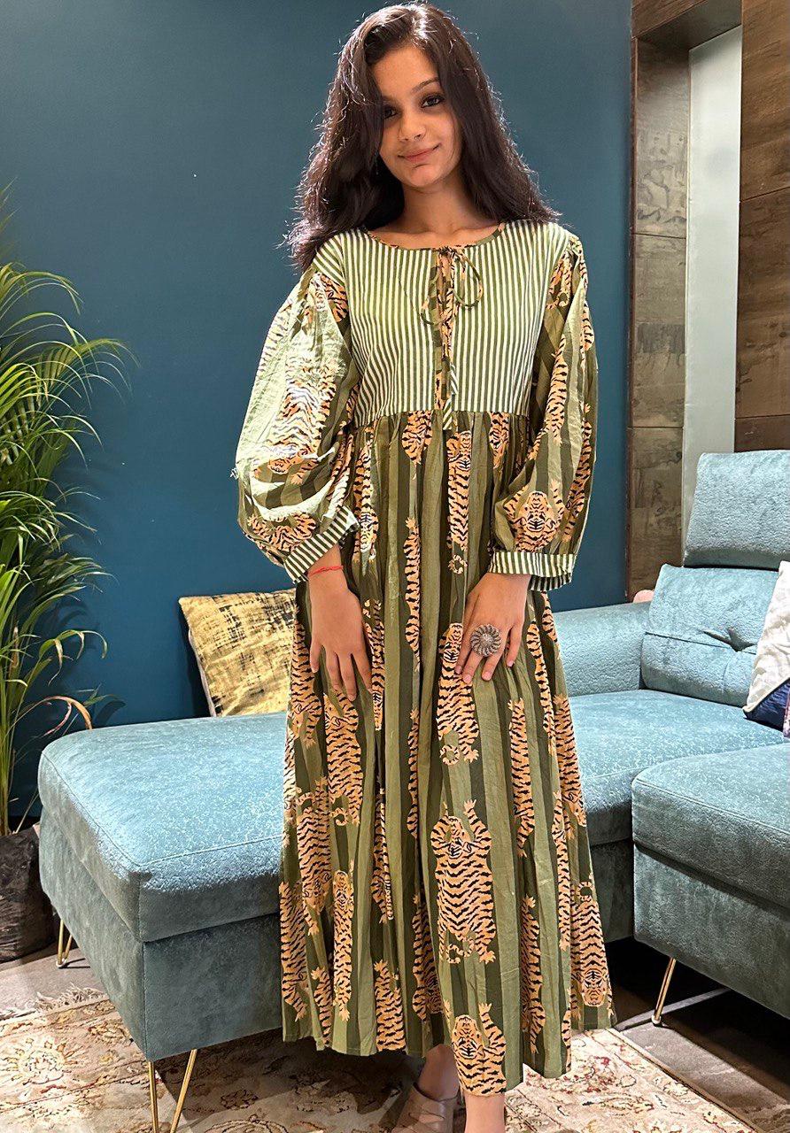 Tiger Block Printed Midi Dress - Green