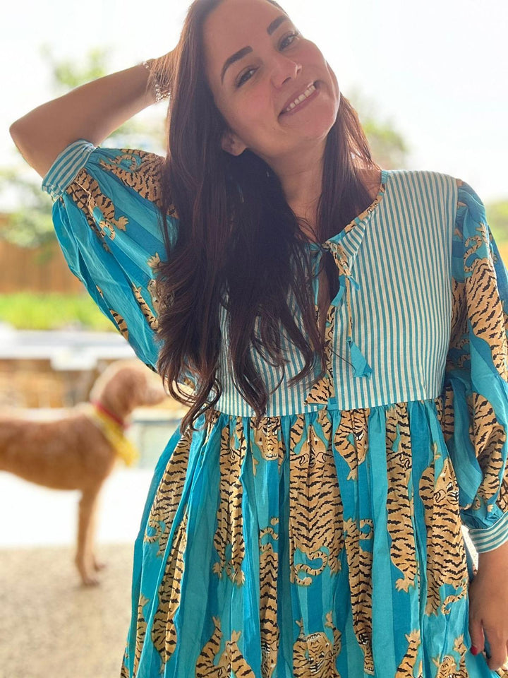 Tiger Block Printed Midi Dress - Green
