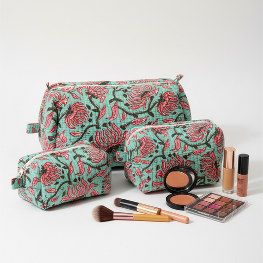 Set Of 3 Makeup Bag, Lotus Mint Floral Block Print Cotton Travel Case, Quilted Cosmetic Storage Bag Set