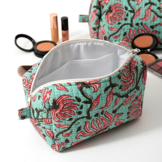 Set Of 3 Makeup Bag, Lotus Mint Floral Block Print Cotton Travel Case, Quilted Cosmetic Storage Bag Set