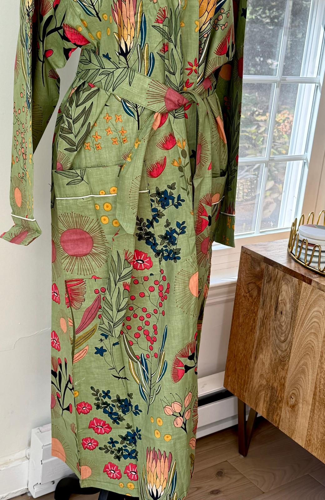 Handcrafted Block Print Cotton Kimono Robe | Sage Green Botanical Wildflower Lounge Robe | Spa & Sleepwear